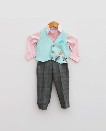 Blue Waist Coat With Pink Shirt And Check Pant