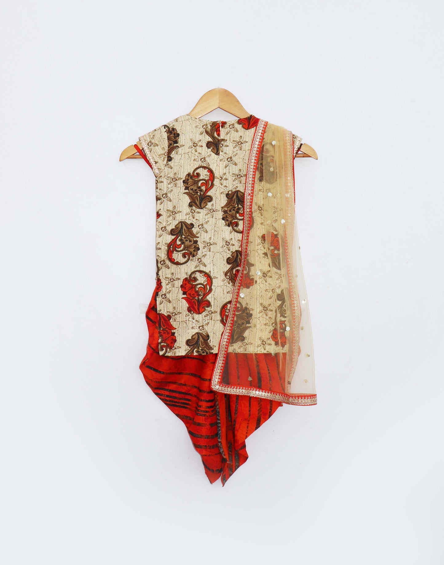 Beige Printed Kurti With Orange Dhoti