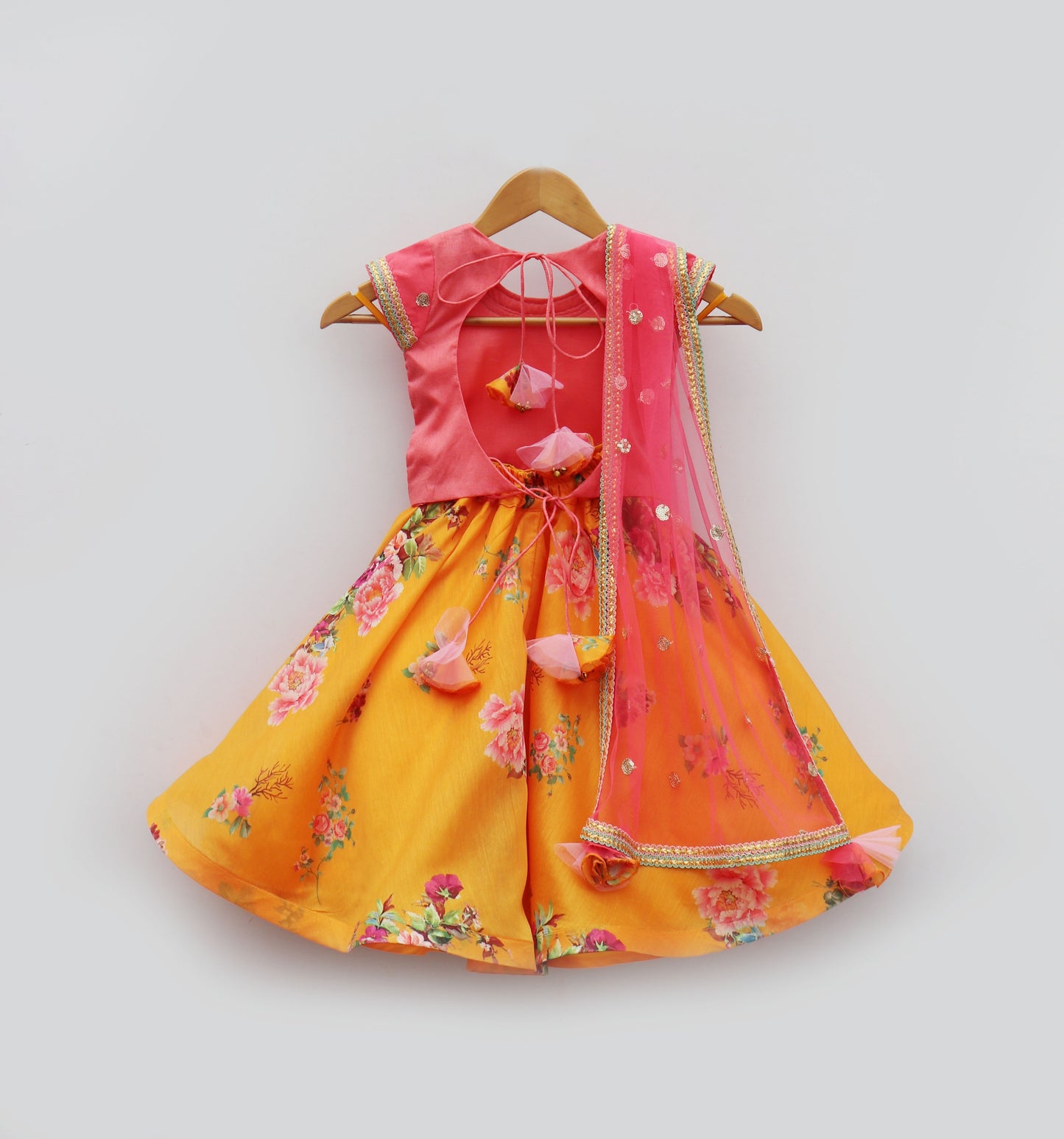 Pink Choli with Yellow Printed Lehenga