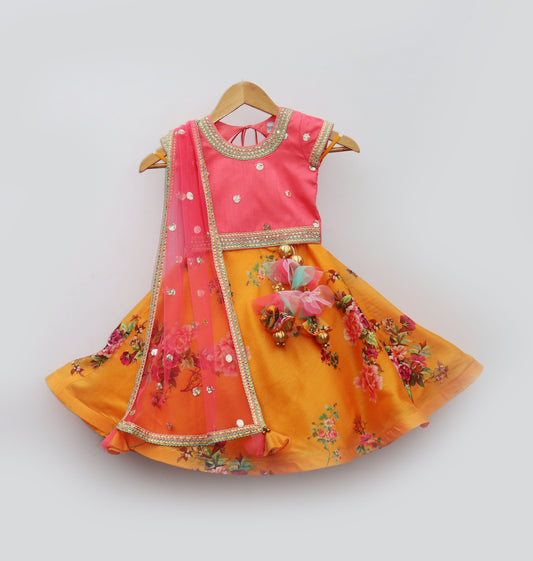 Pink Choli with Yellow Printed Lehenga