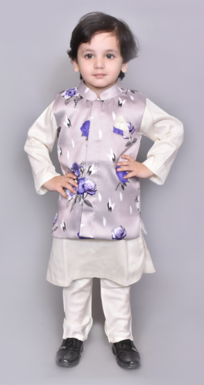 White Kurta Printed Nehru Jacket Off White Chudidar