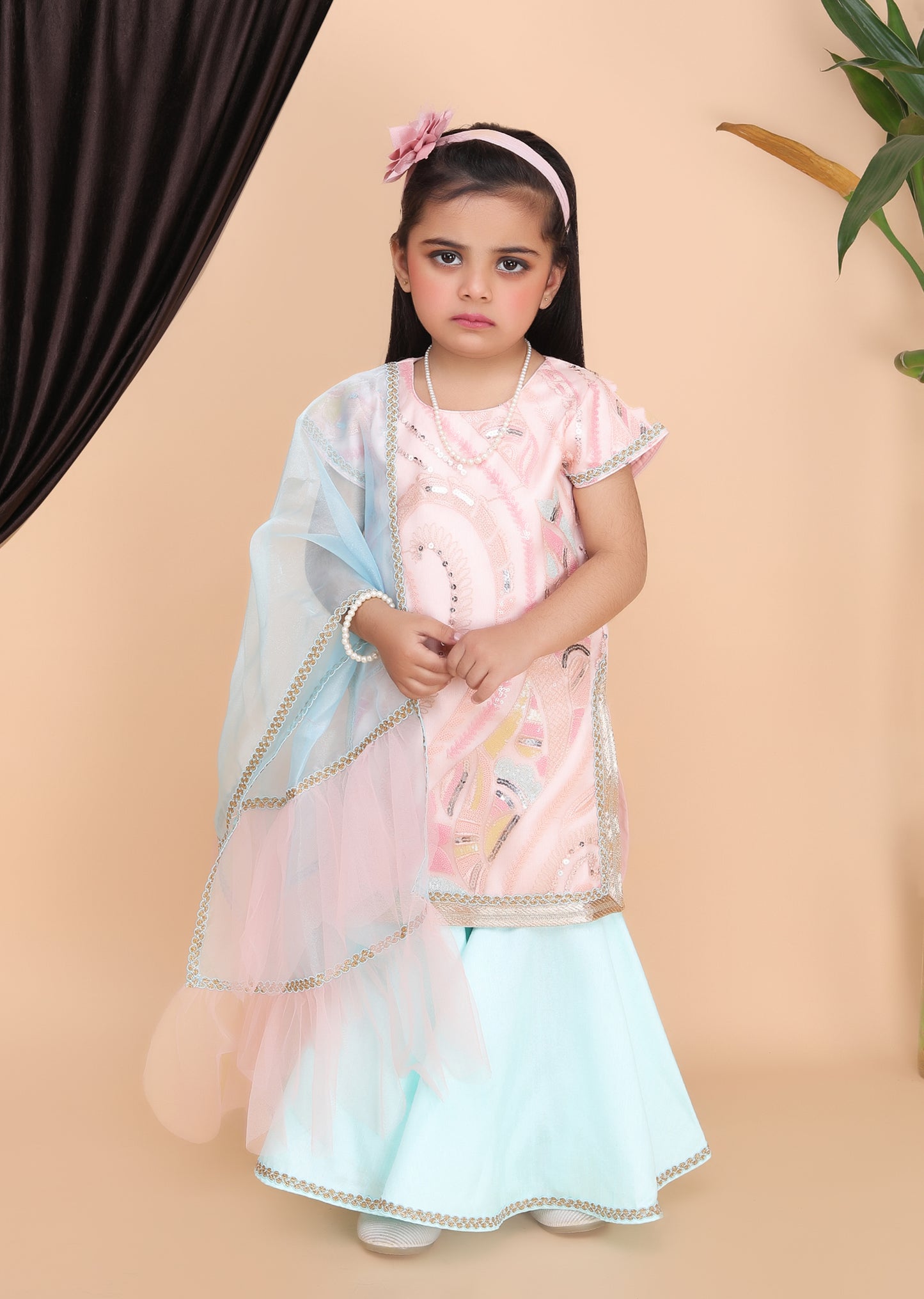 Peach Kurti Aqua Blue Sharara