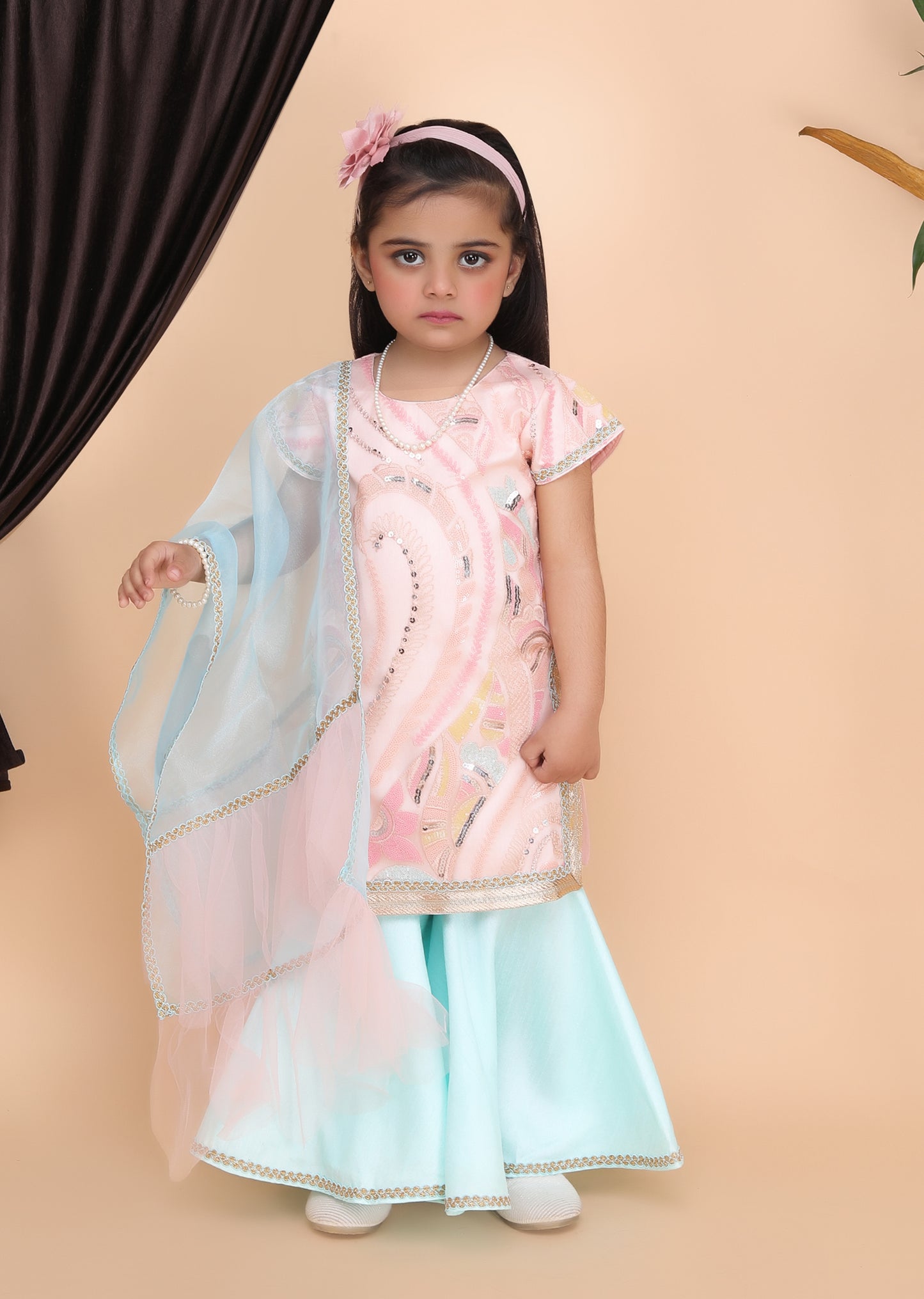 Peach Kurti Aqua Blue Sharara