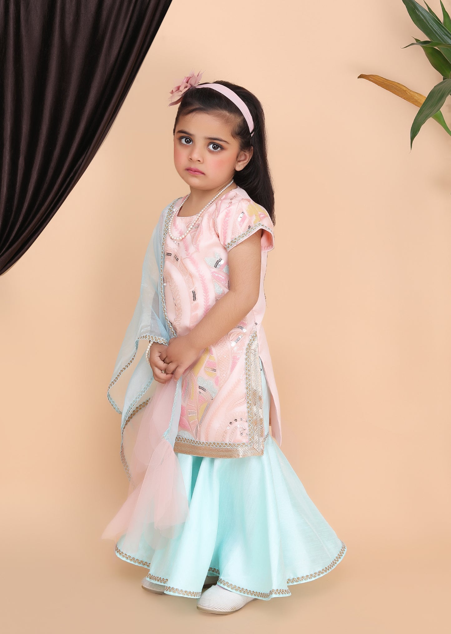 Peach Kurti Aqua Blue Sharara