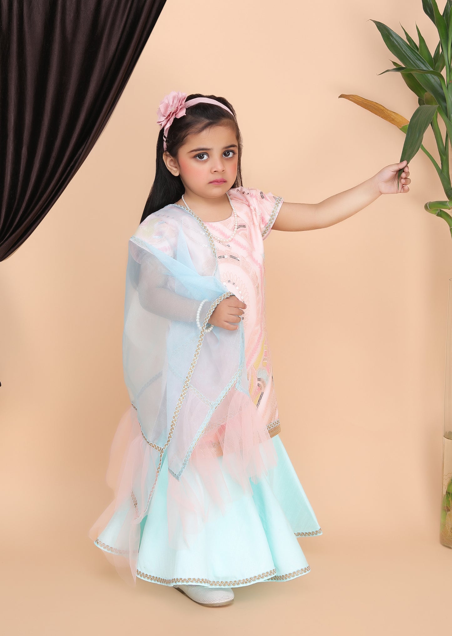 Peach Kurti Aqua Blue Sharara