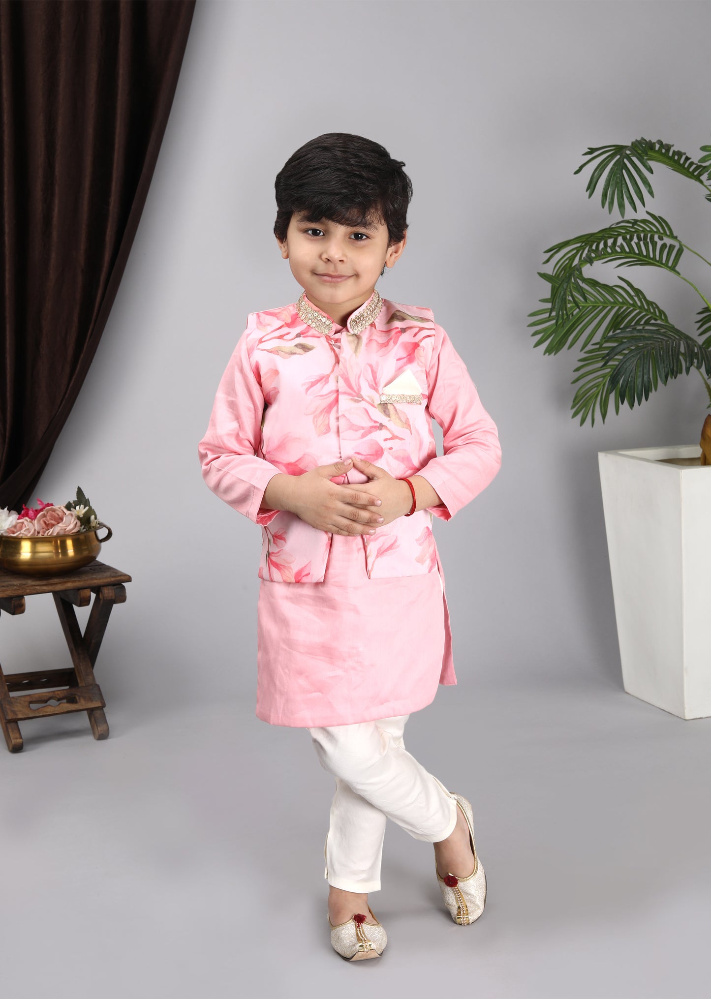 Pink Kurta Pink Printed Nehru Jacket Off White Chudidar