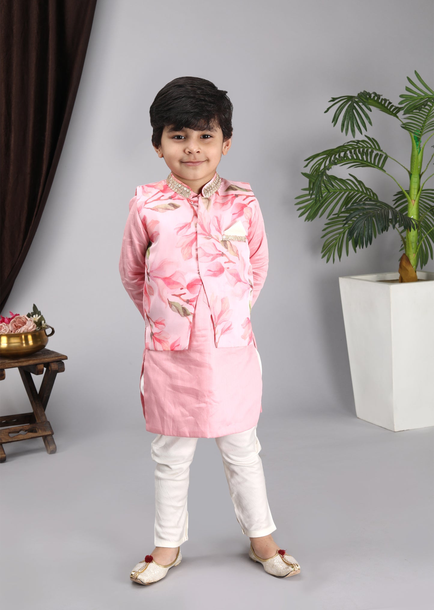 Pink Kurta Pink Printed Nehru Jacket Off White Chudidar