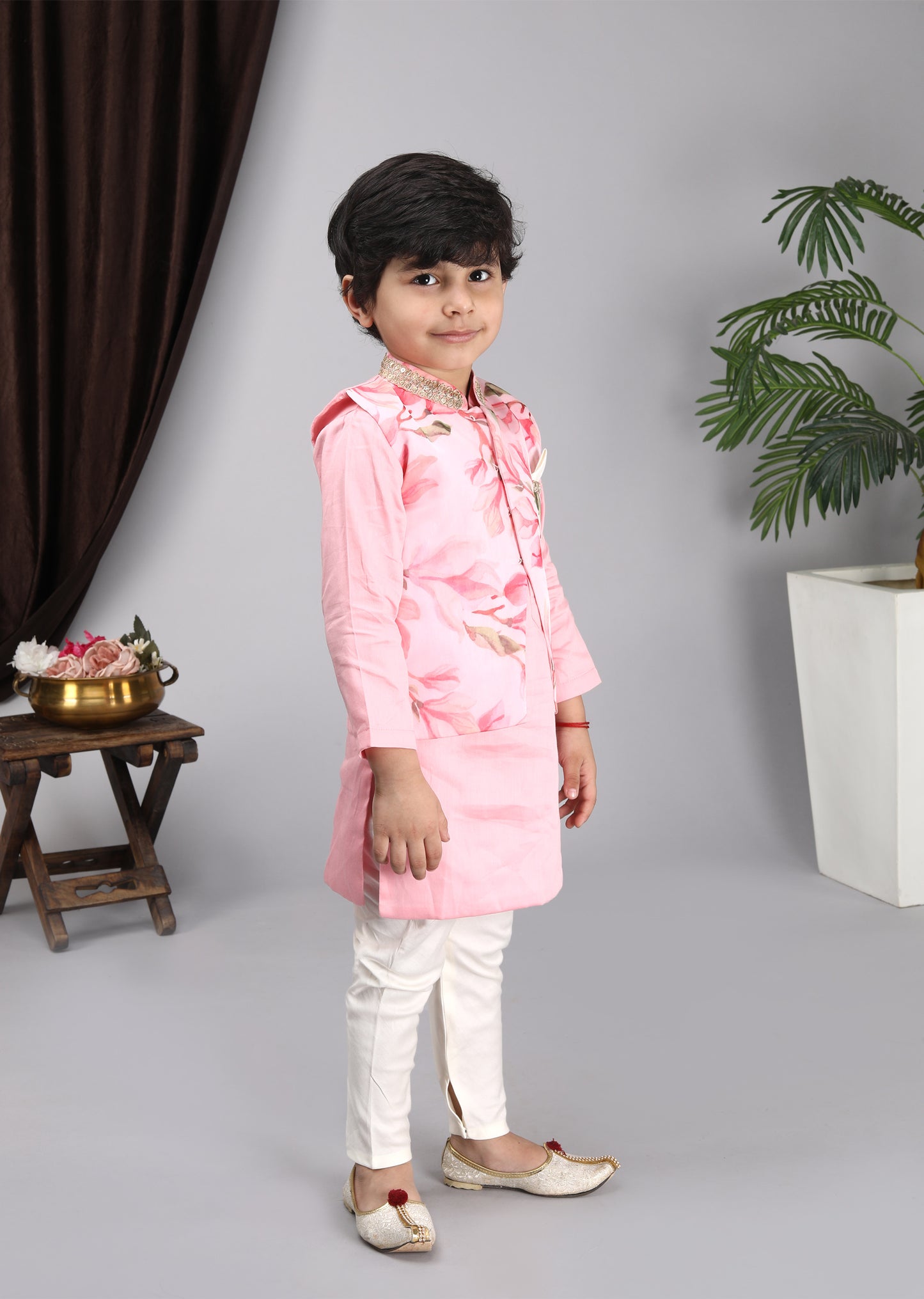 Pink Kurta Pink Printed Nehru Jacket Off White Chudidar