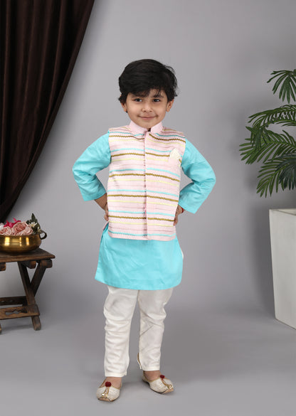 Baby Pink Embroidery Jacket with Blue Kurta and  Churidar