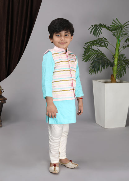 Baby Pink Embroidery Jacket with Blue Kurta and  Churidar