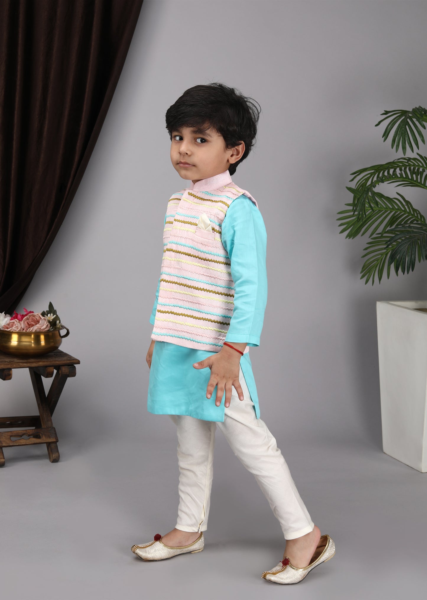 Baby Pink Embroidery Jacket with Blue Kurta and  Churidar