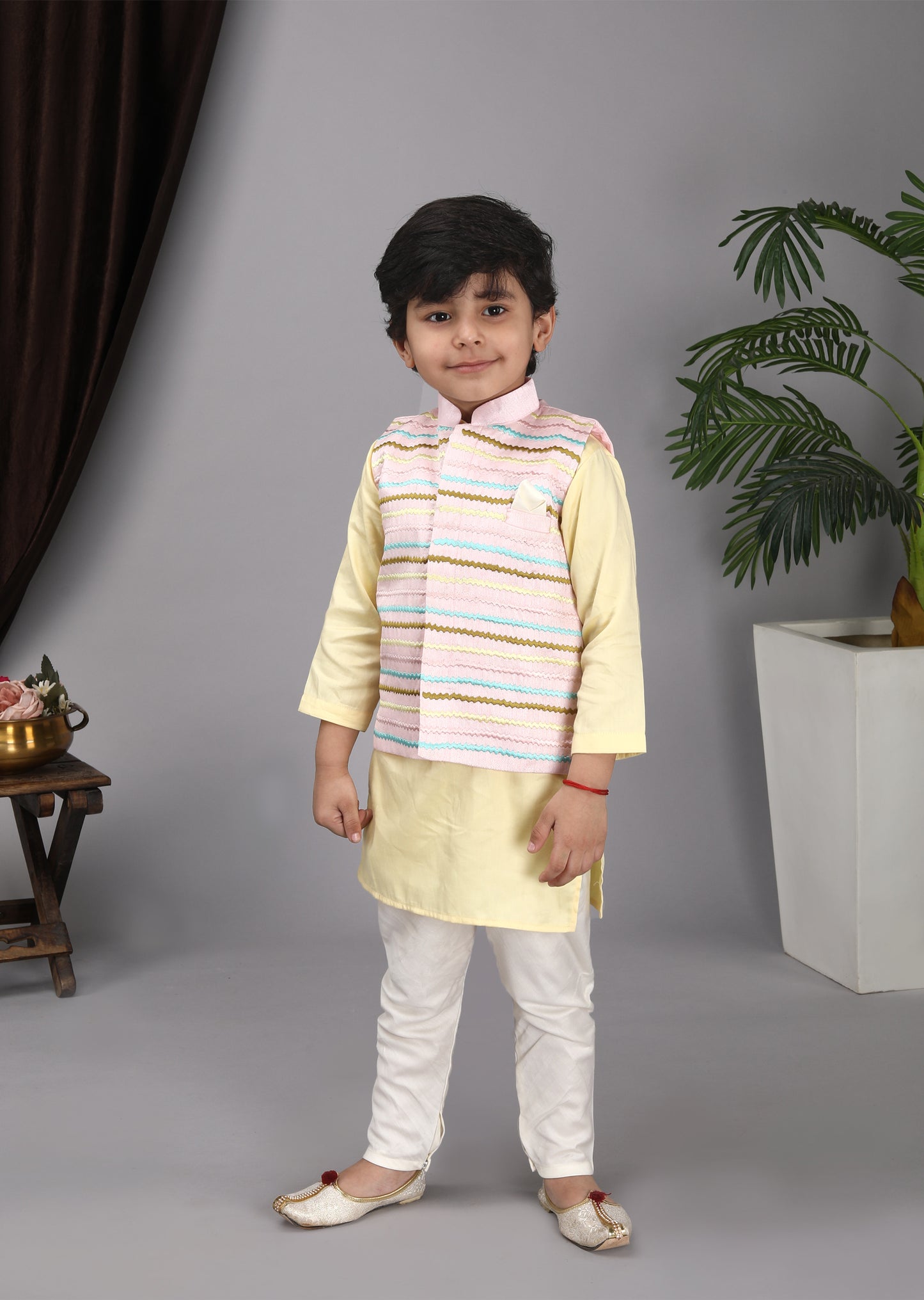 Baby Pink Embroidery Jacket with Yellow Kurta and  Chudidar