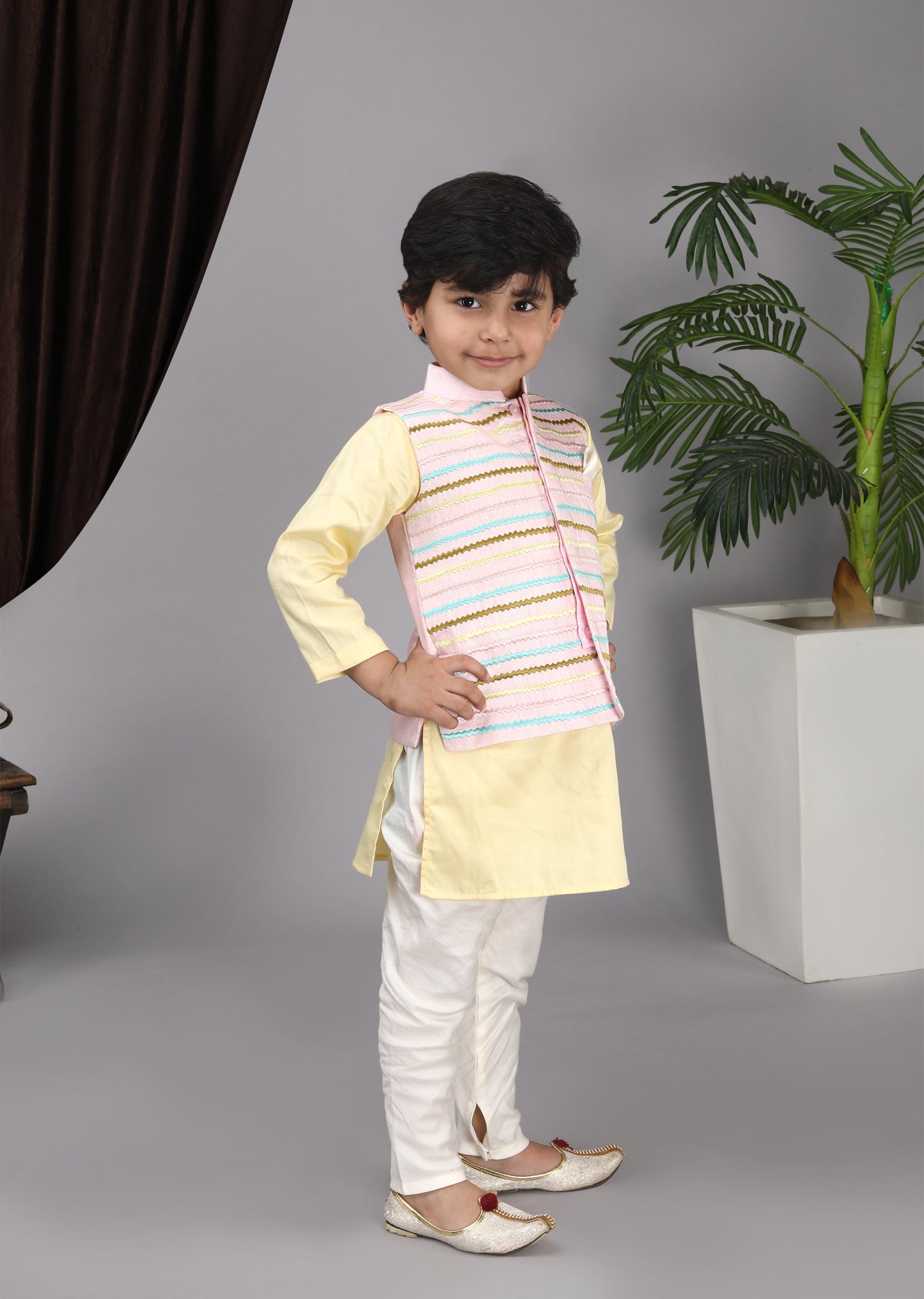 Baby Pink Embroidery Jacket with Yellow Kurta and  Chudidar