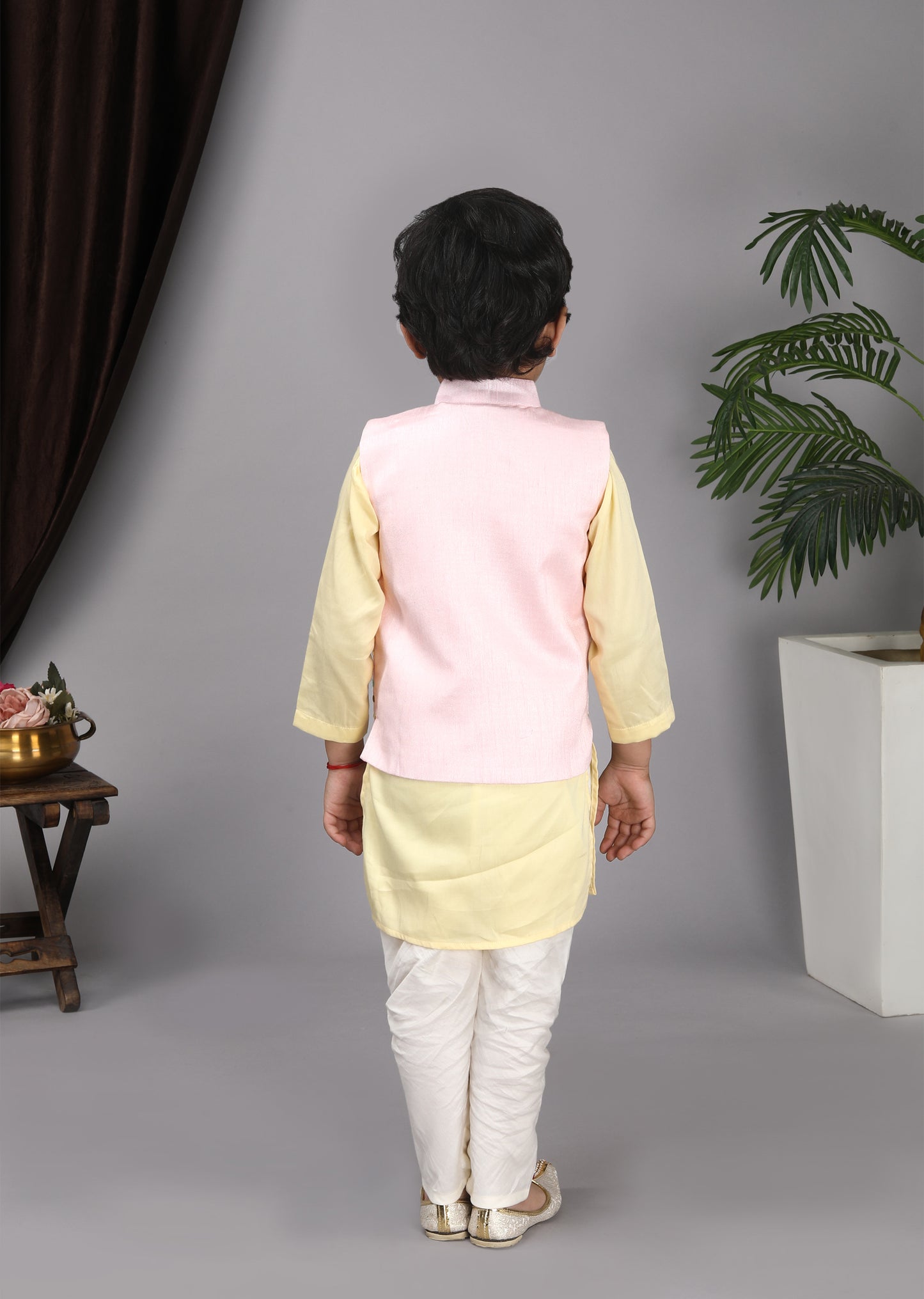 Baby Pink Embroidery Jacket with Yellow Kurta and  Chudidar