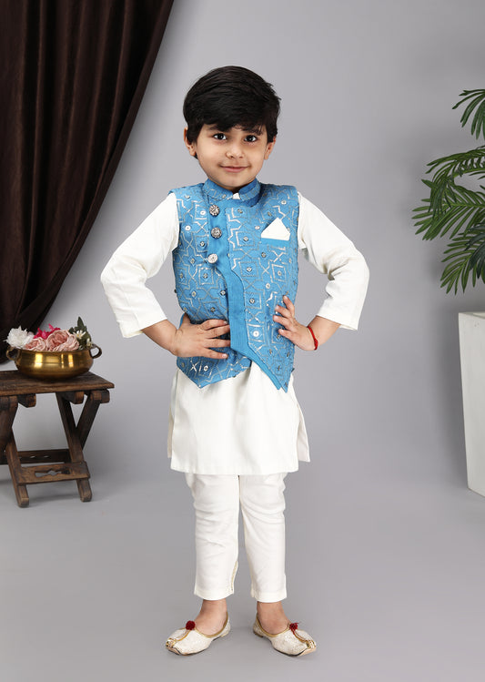 Off White Kurta Chudidar Blue Nehru Jacket