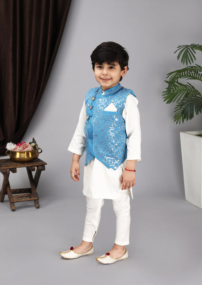 Off White Kurta Chudidar Blue Nehru Jacket