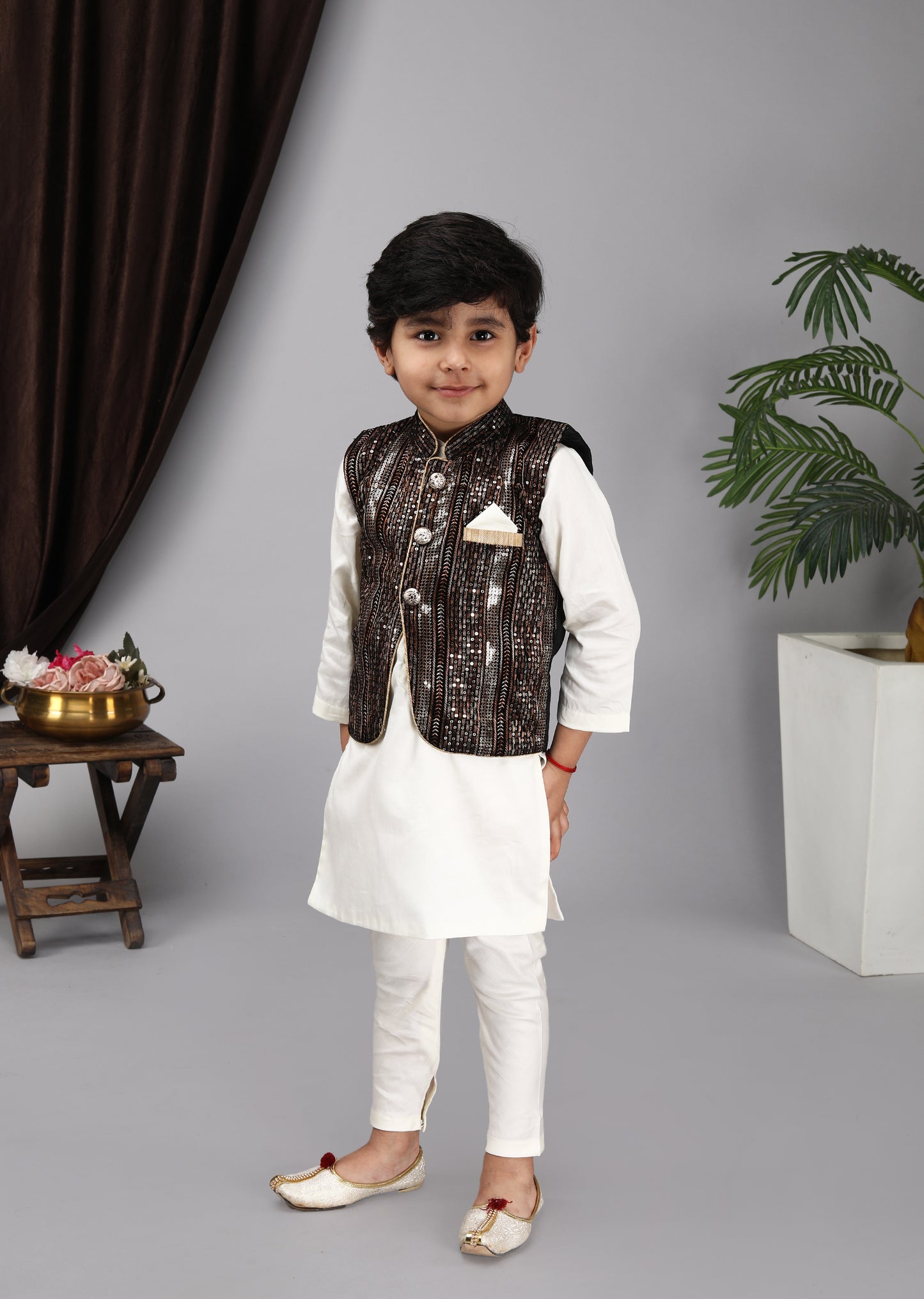 Black Nehru Jacket Off White Kurta And Chudidar