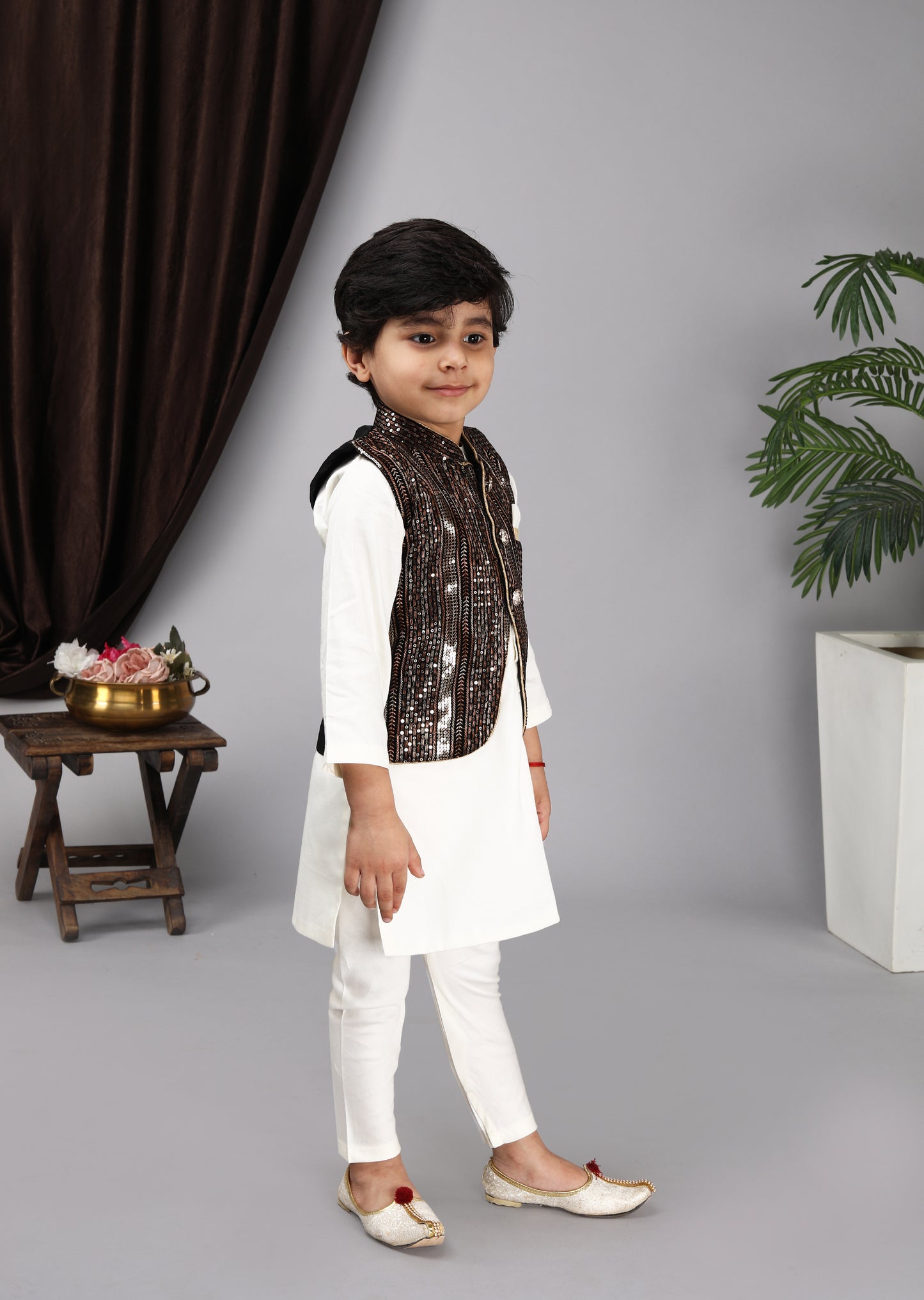 Black Nehru Jacket Off White Kurta And Chudidar