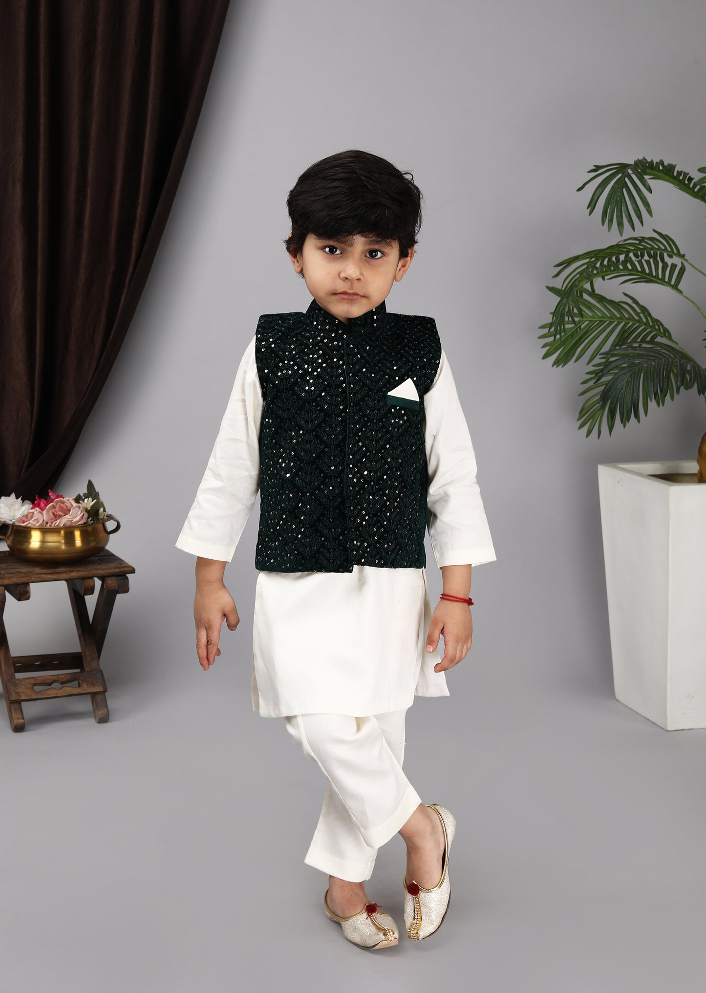 Off White Kurta And Chudidar Green Embroidery Nehru Jacket