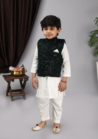 Off White Kurta And Chudidar Green Embroidery Nehru Jacket