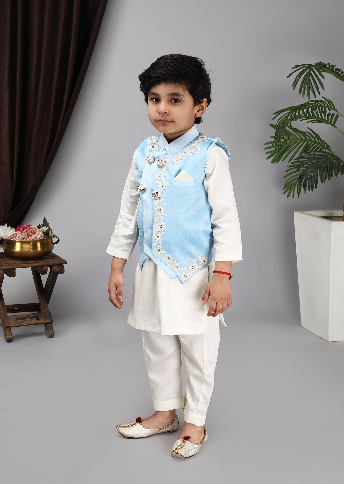 Off White Kurta And Chudidar Sky Blue Nehru Jacket