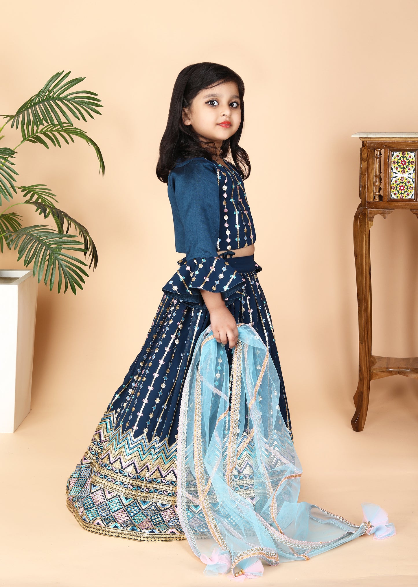 Petrol Blue Embroidery Lengha Choli