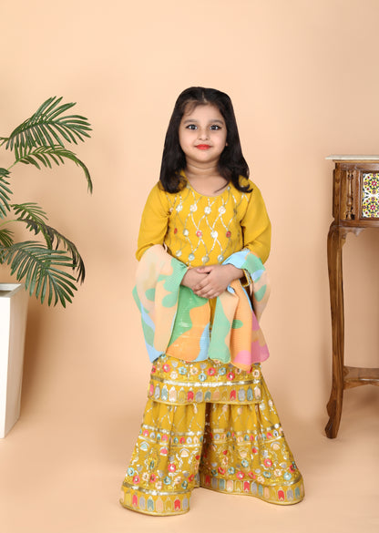 Mustard Embroidery Work Kurti Sharara