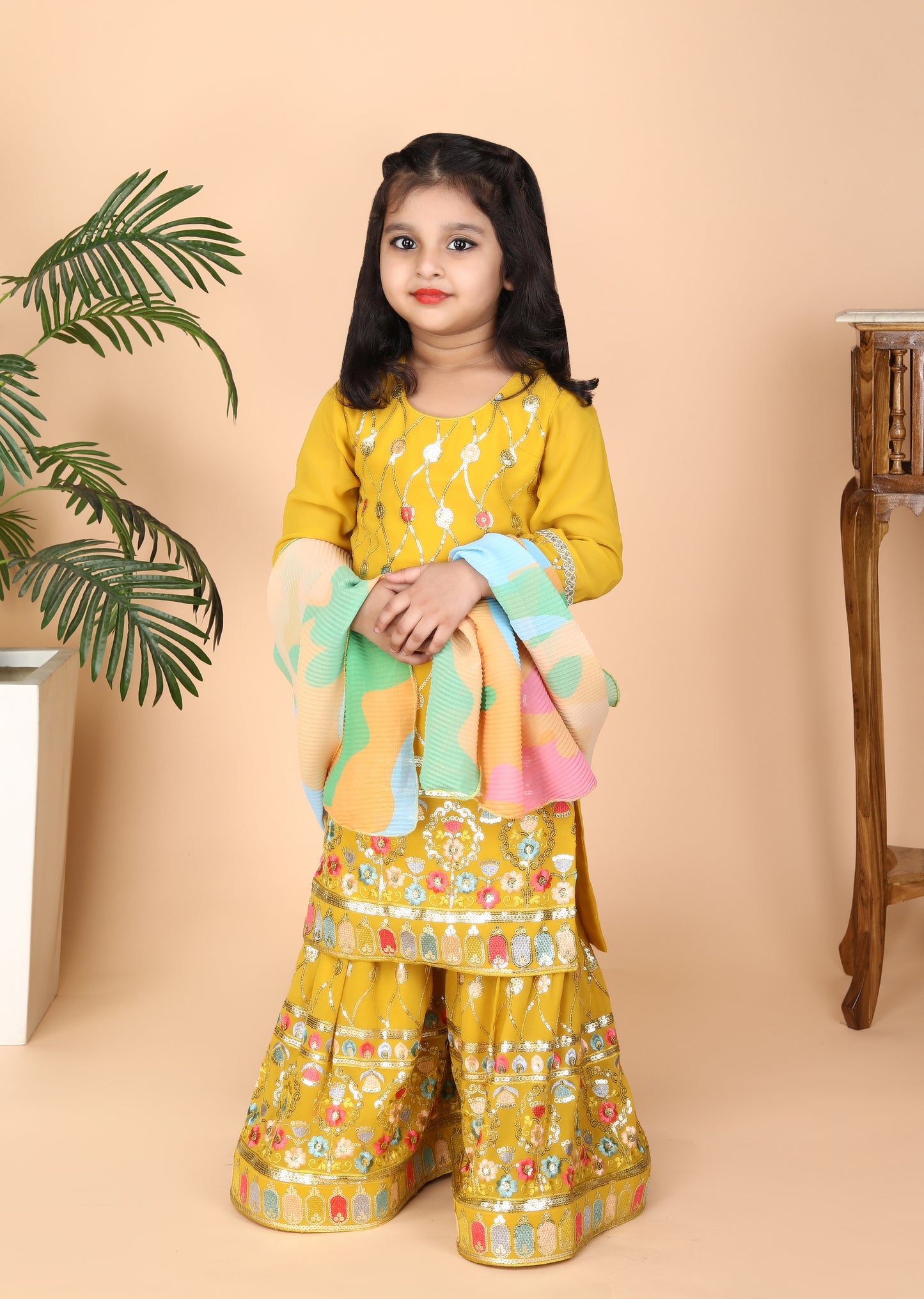 Mustard Embroidery Work Kurti Sharara