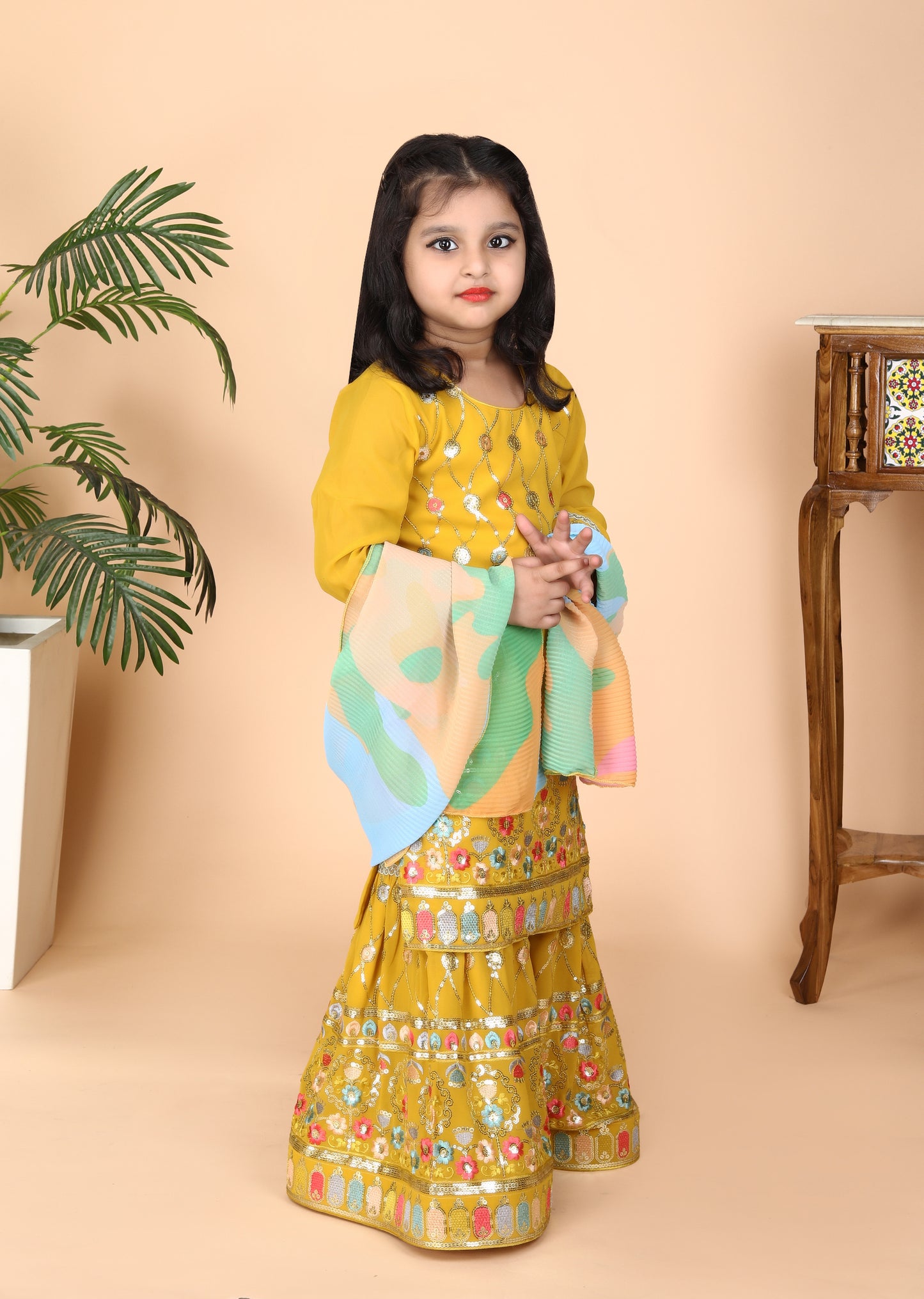 Mustard Embroidery Work Kurti Sharara