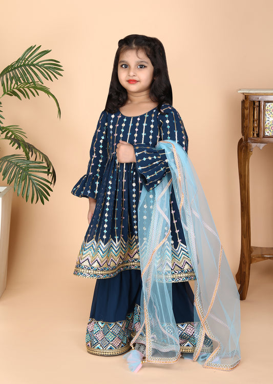 Petrol Embroidery Kurti Sharara