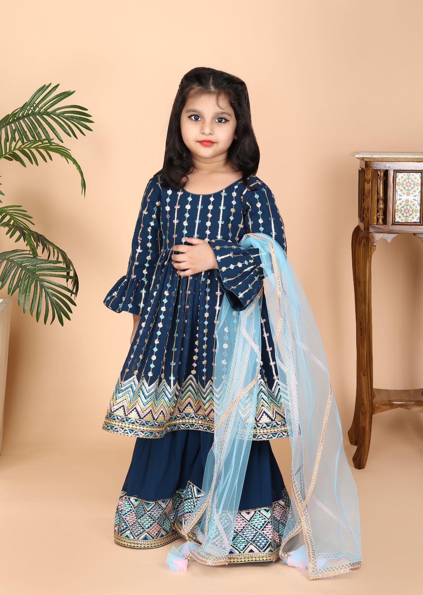 Petrol Embroidery Kurti Sharara