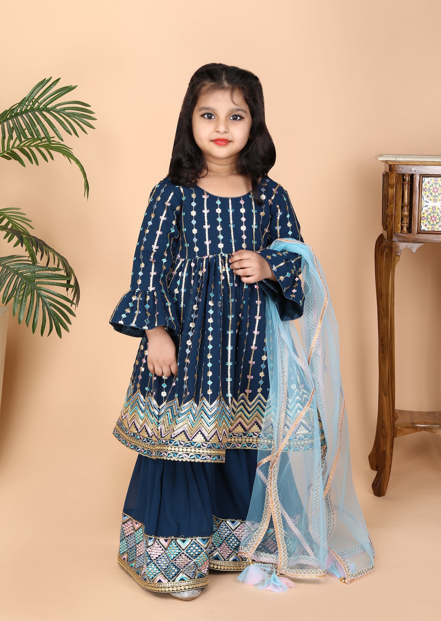 Petrol Embroidery Kurti Sharara