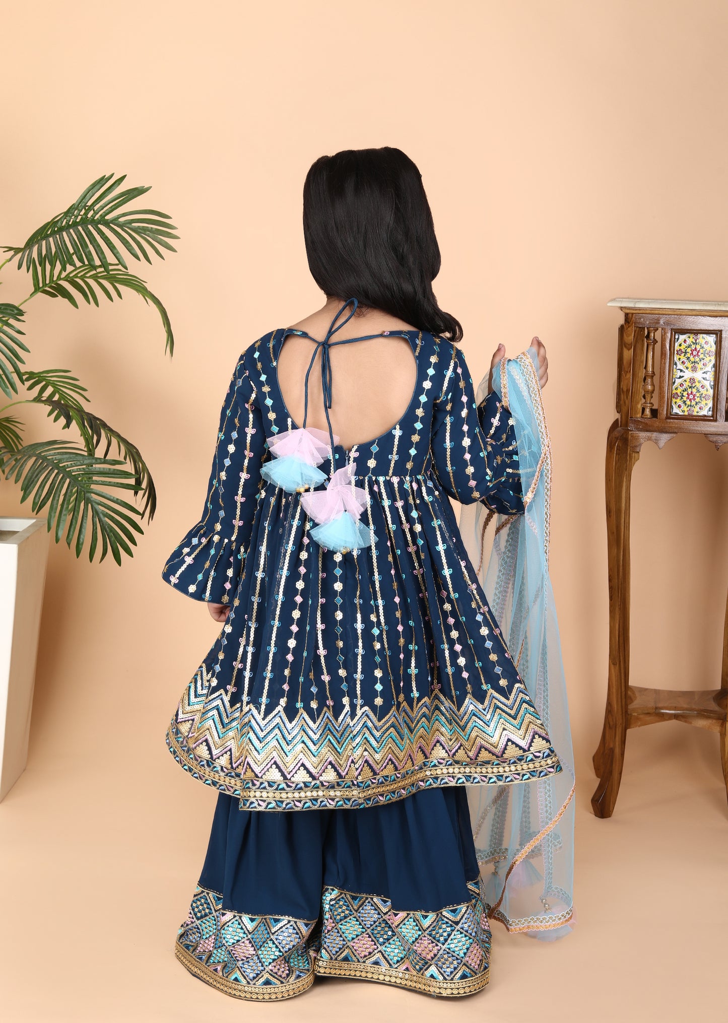 Petrol Embroidery Kurti Sharara