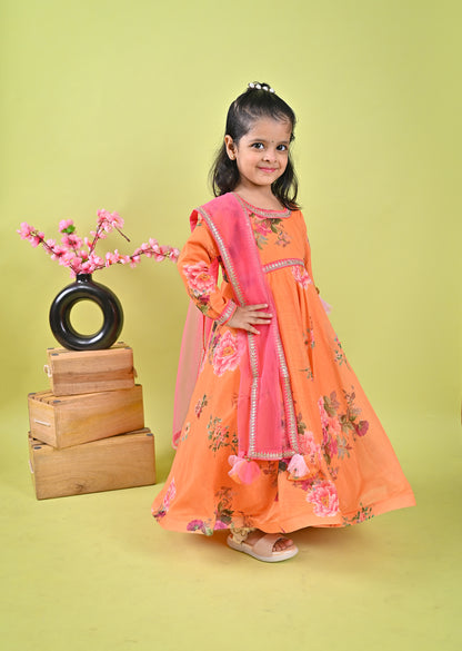 Orange Printed Anarkali