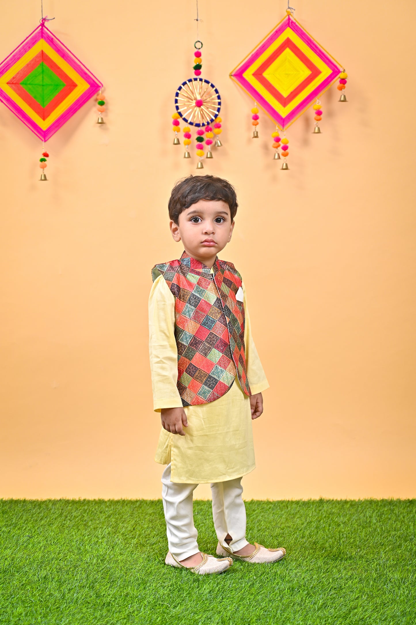 Yellow Kurta Multicolor Nehru Jacket off white chudidar