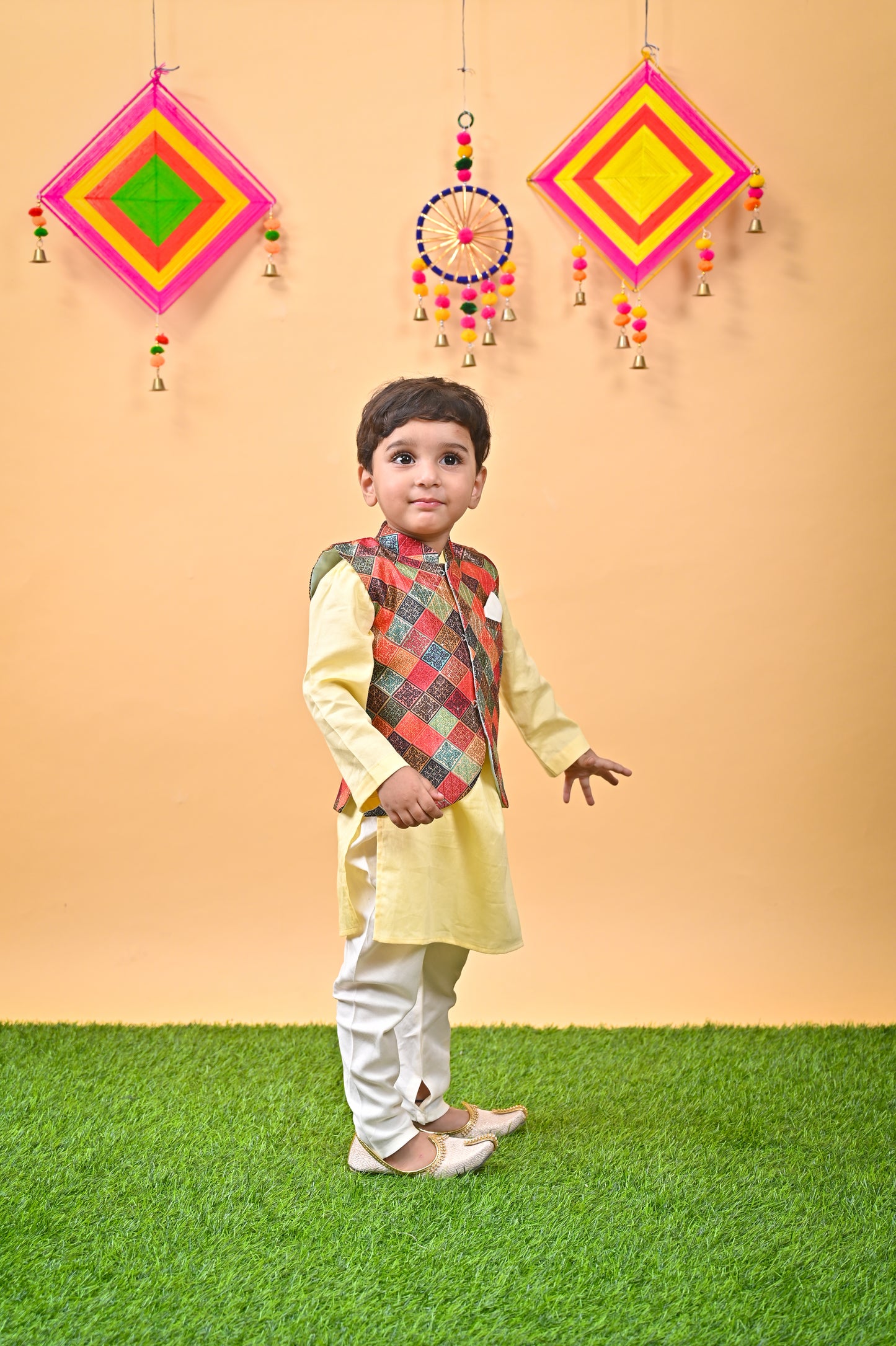 Yellow Kurta Multicolor Nehru Jacket off white chudidar