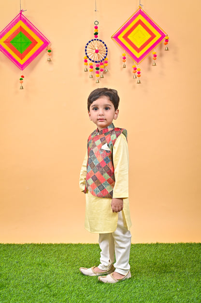 Yellow Kurta Multicolor Nehru Jacket off white chudidar