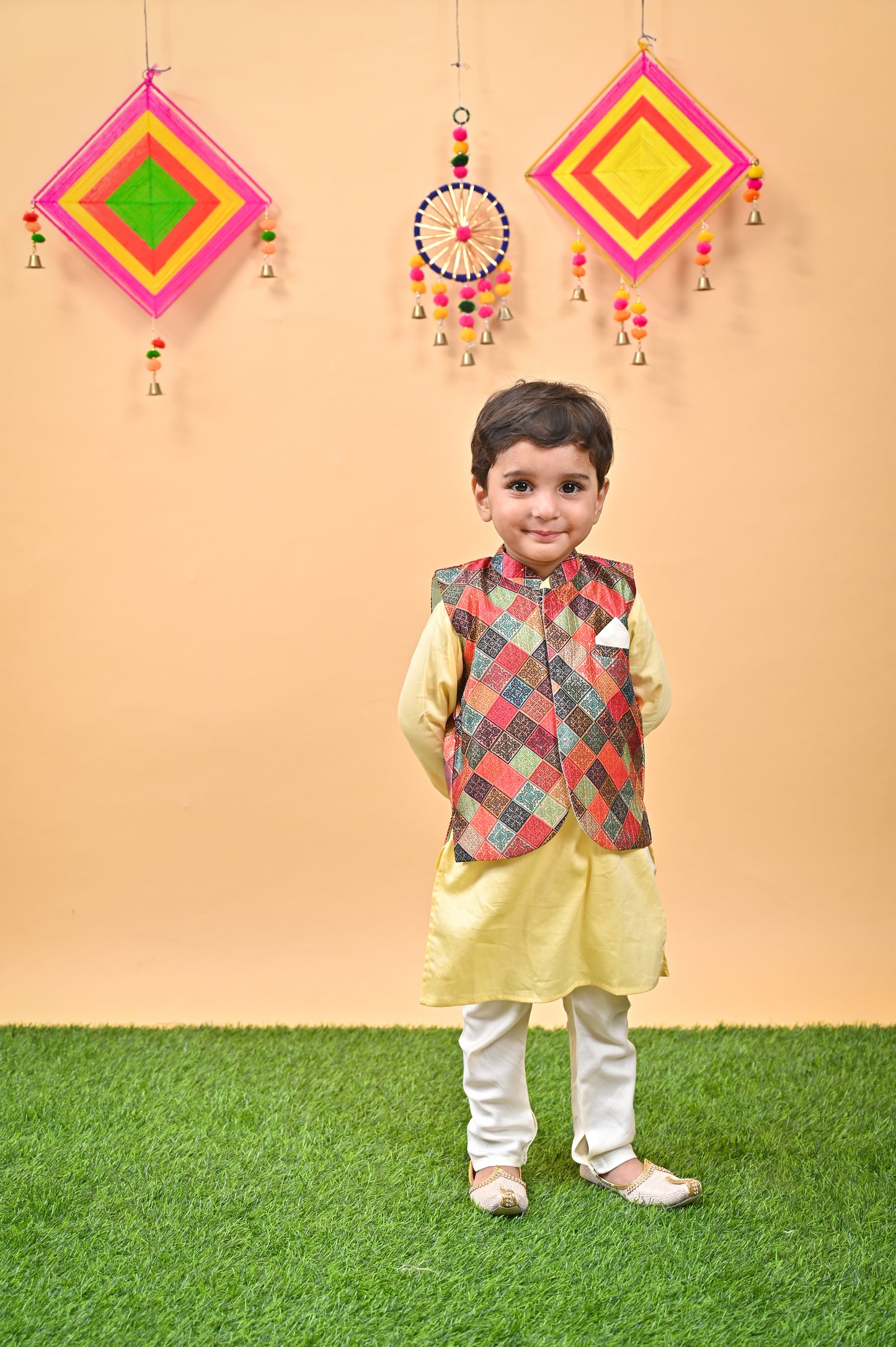 Yellow Kurta Multicolor Nehru Jacket off white chudidar