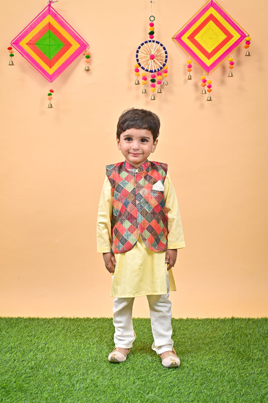 Yellow Kurta Multicolor Nehru Jacket off white chudidar