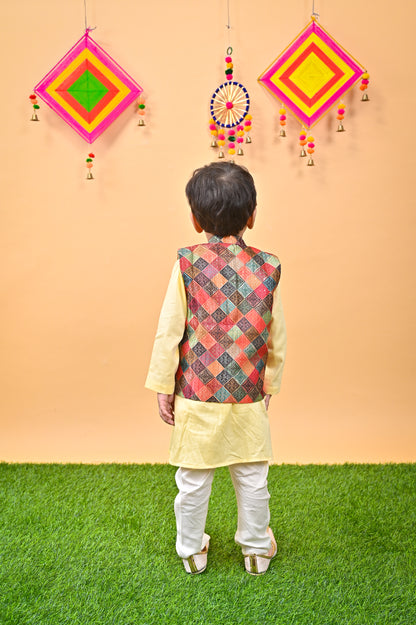 Yellow Kurta Multicolor Nehru Jacket off white chudidar