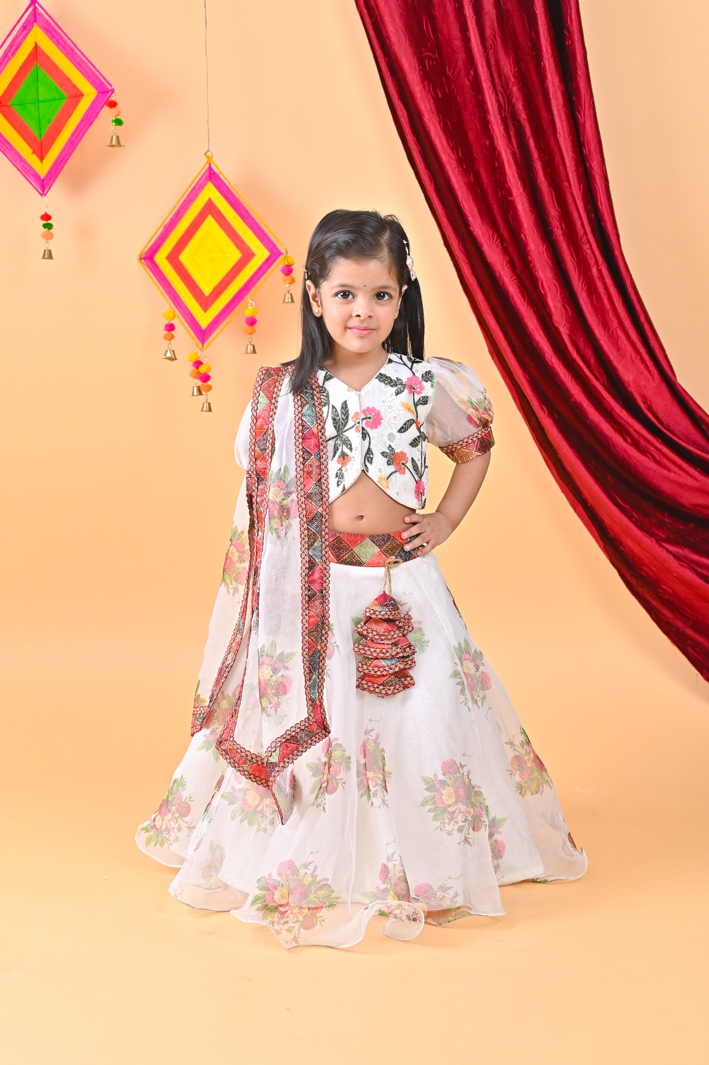 White Printed Lehenga Multicolour Embroidery Choli