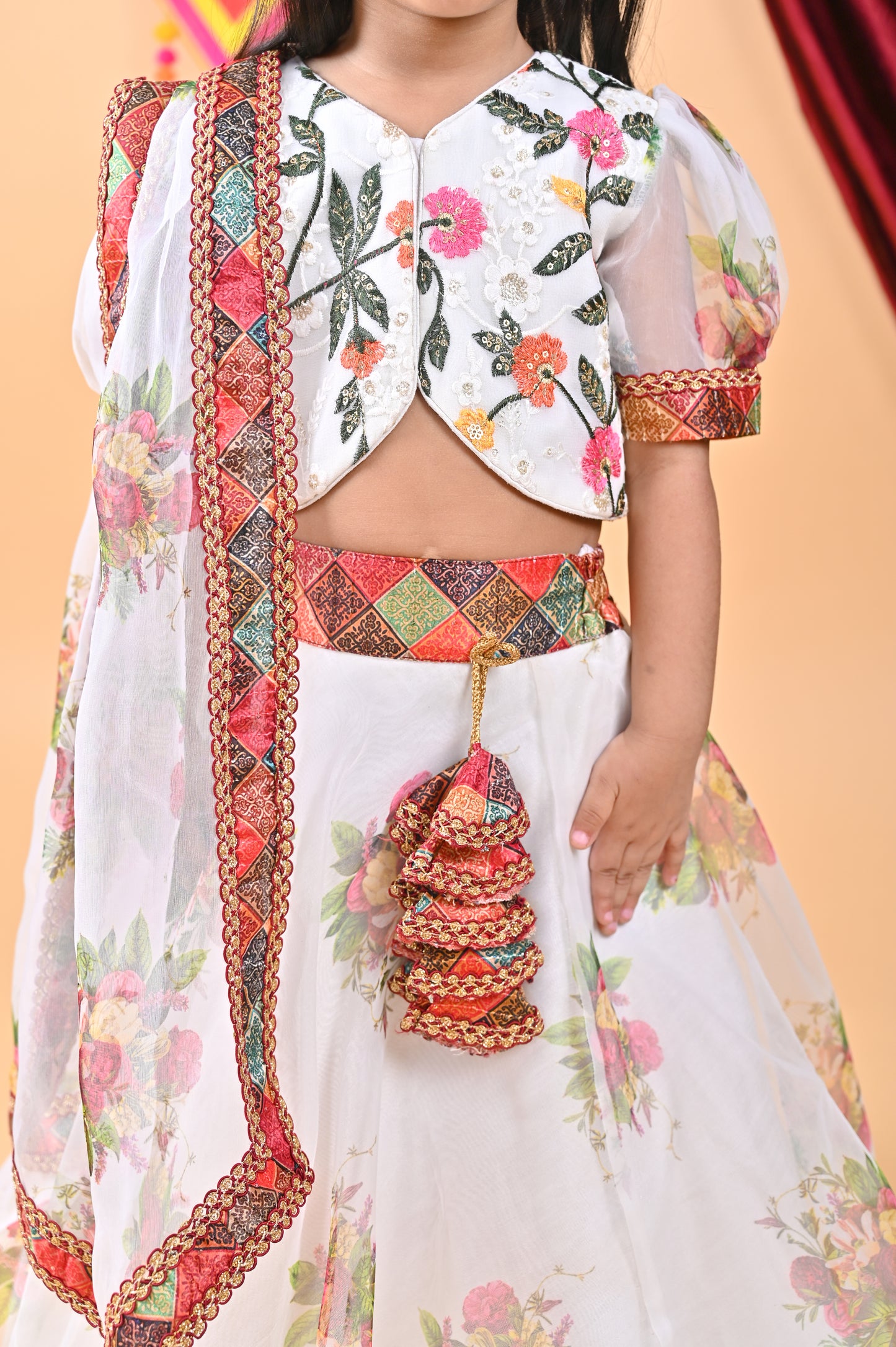 White Printed Lehenga Multicolour Embroidery Choli