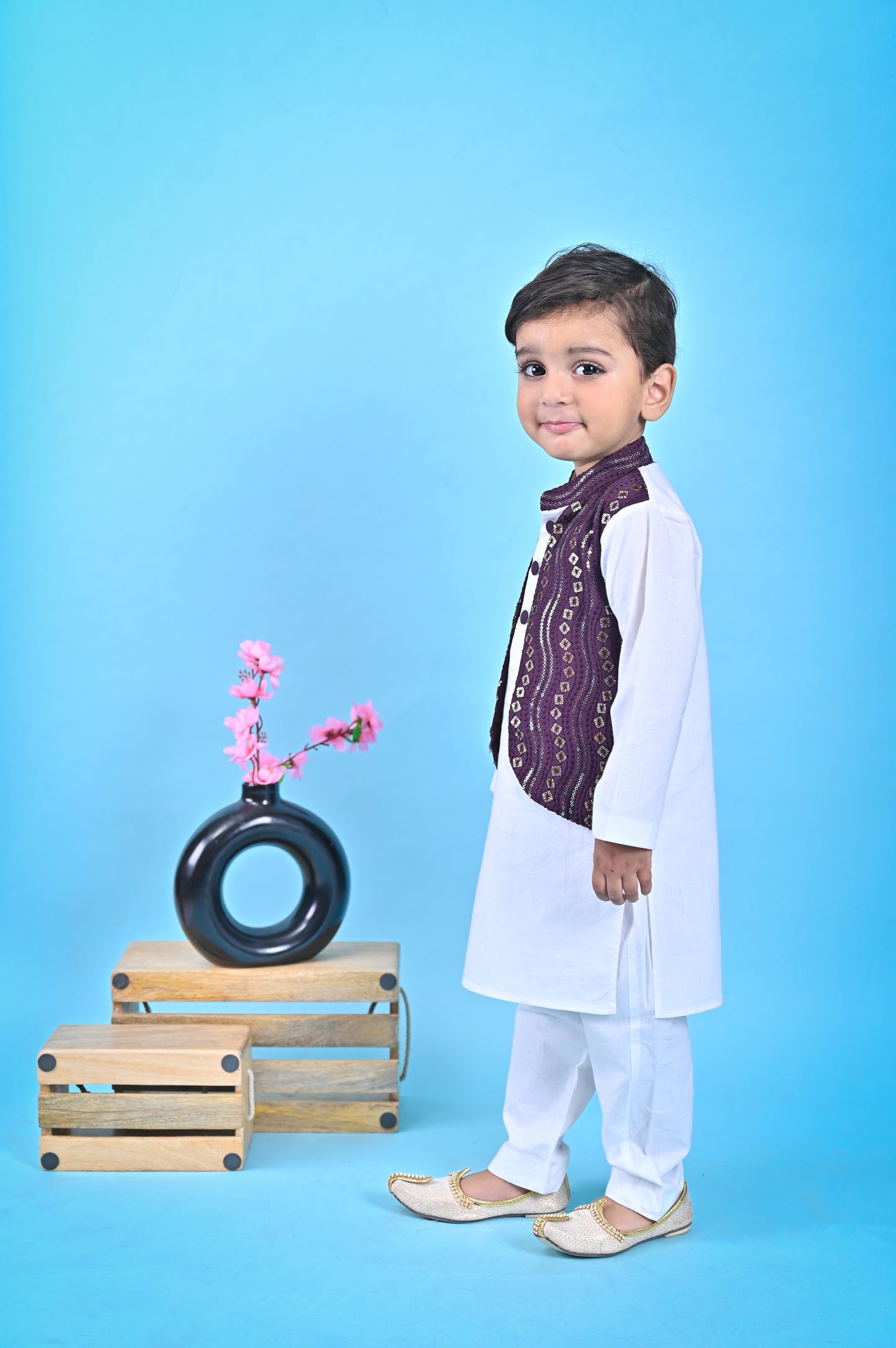 White Kurta Pant Brown Nehru Jacket