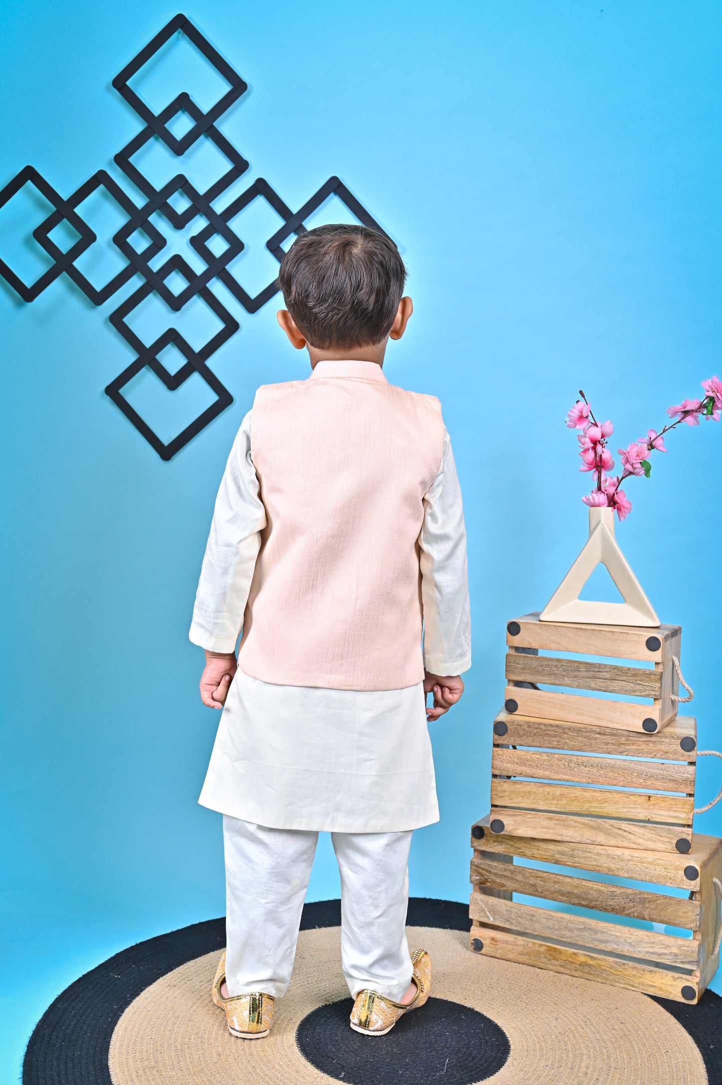 Off White Kurta  Chudidar Peach Jacket