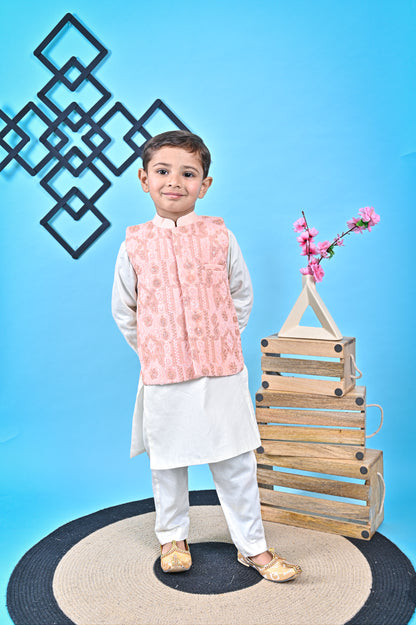 Off White Kurta  Chudidar Peach Jacket