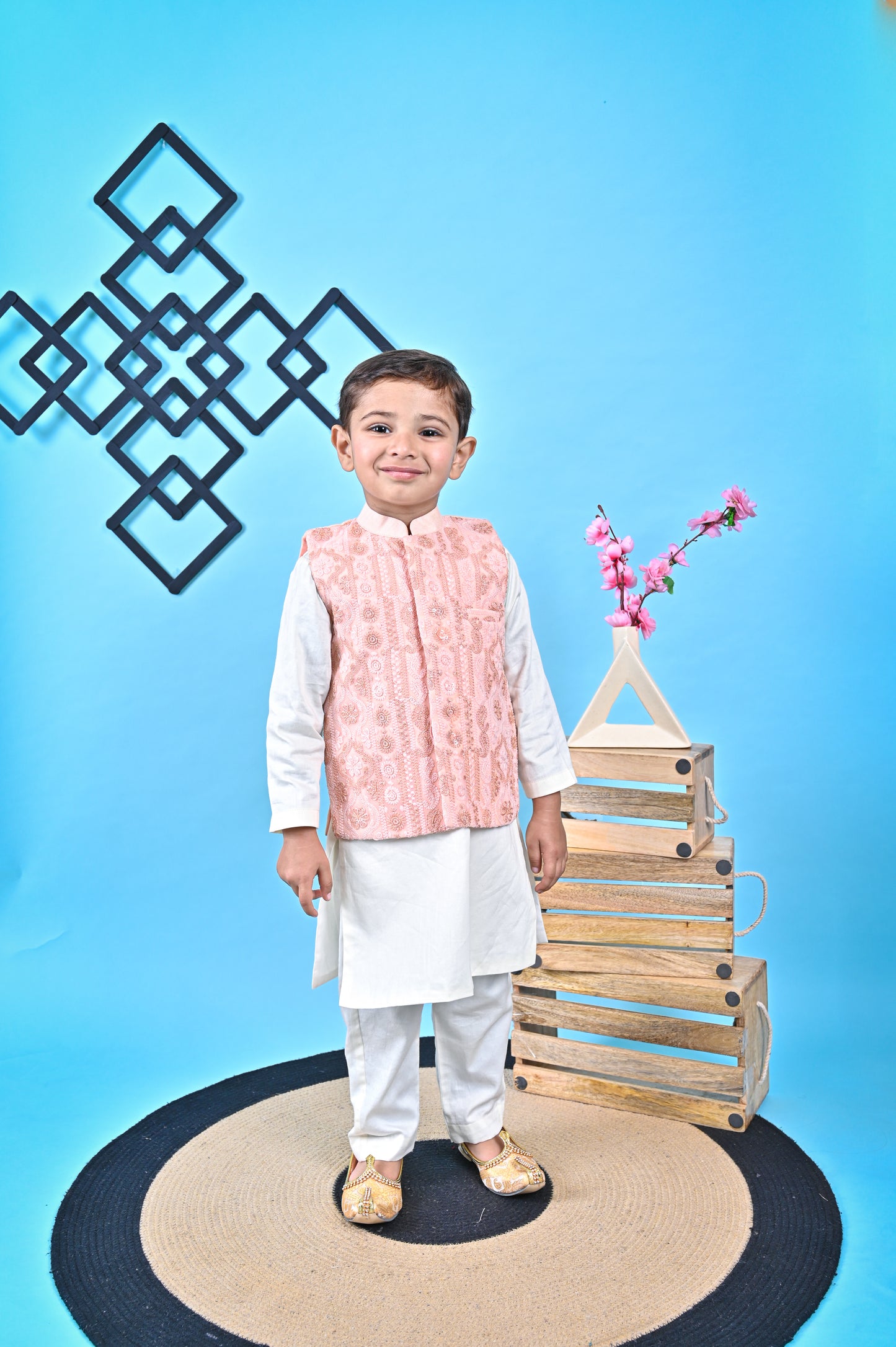 Off White Kurta  Chudidar Peach Jacket