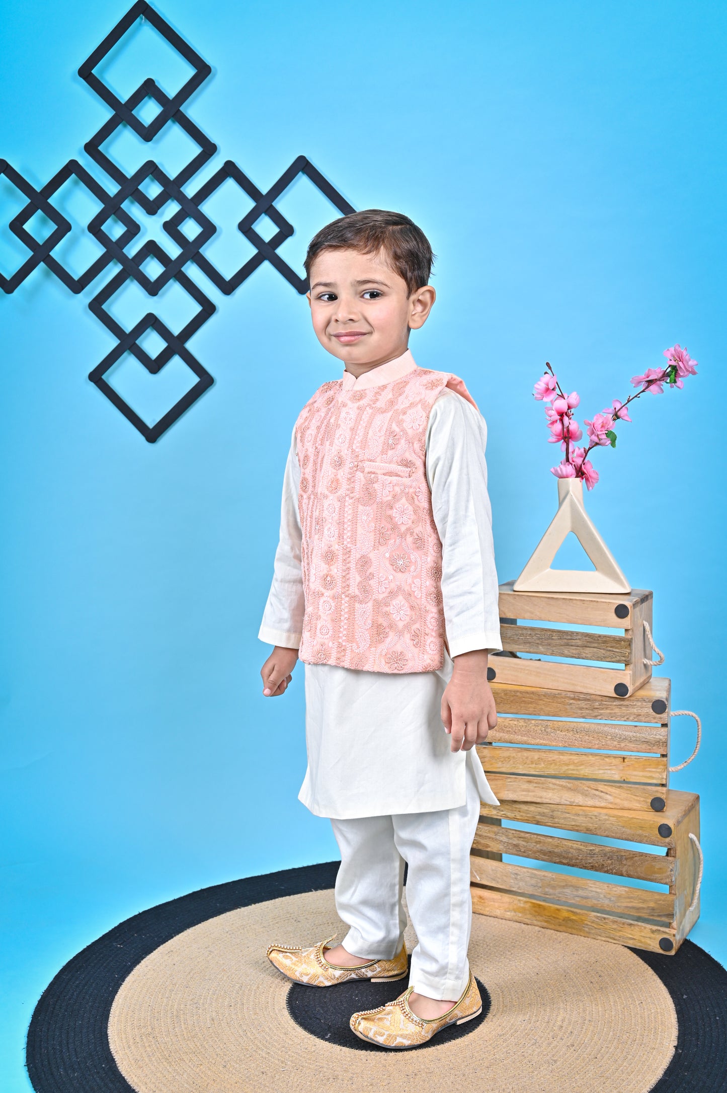 Off White Kurta  Chudidar Peach Jacket