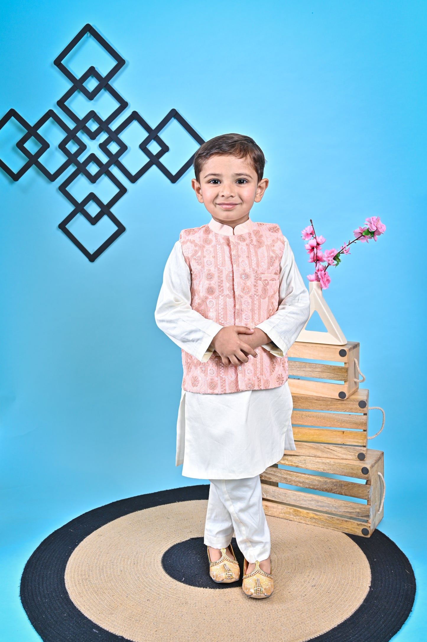 Off White Kurta  Chudidar Peach Jacket