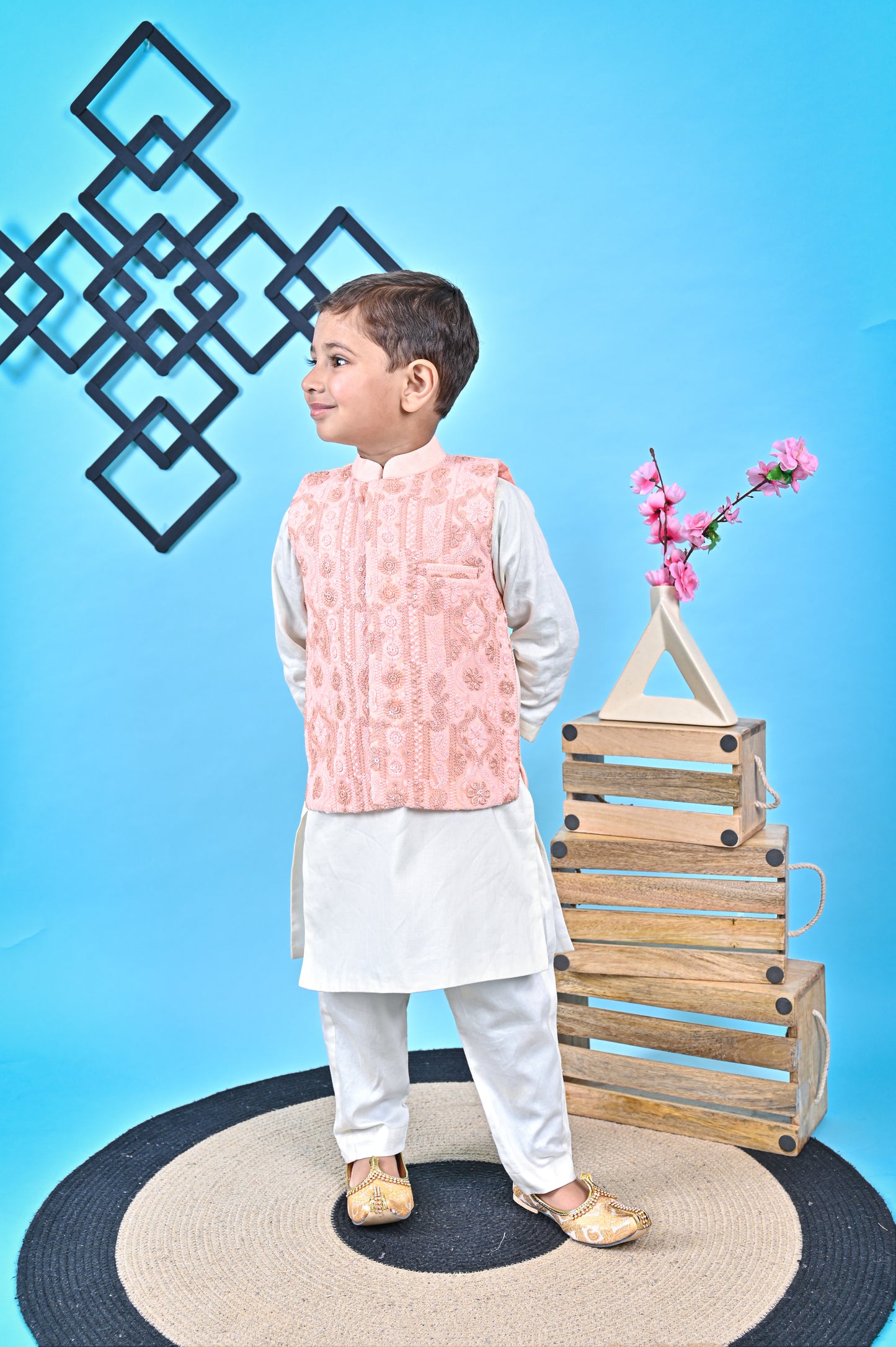 Off White Kurta  Chudidar Peach Jacket