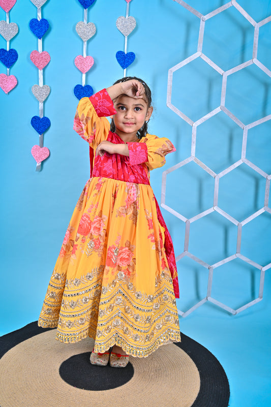 Yellow printed Anarkali attached dupatta